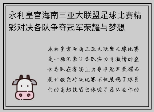 永利皇宫海南三亚大联盟足球比赛精彩对决各队争夺冠军荣耀与梦想